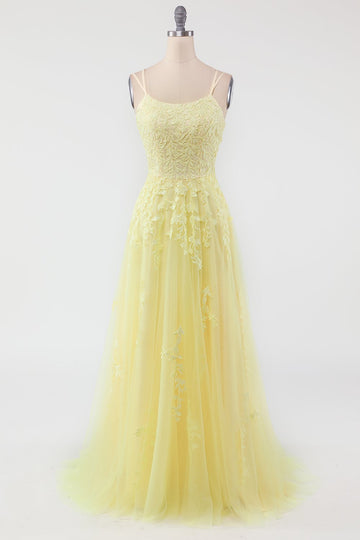 Vestido de baile de alças de espaguete amarelo